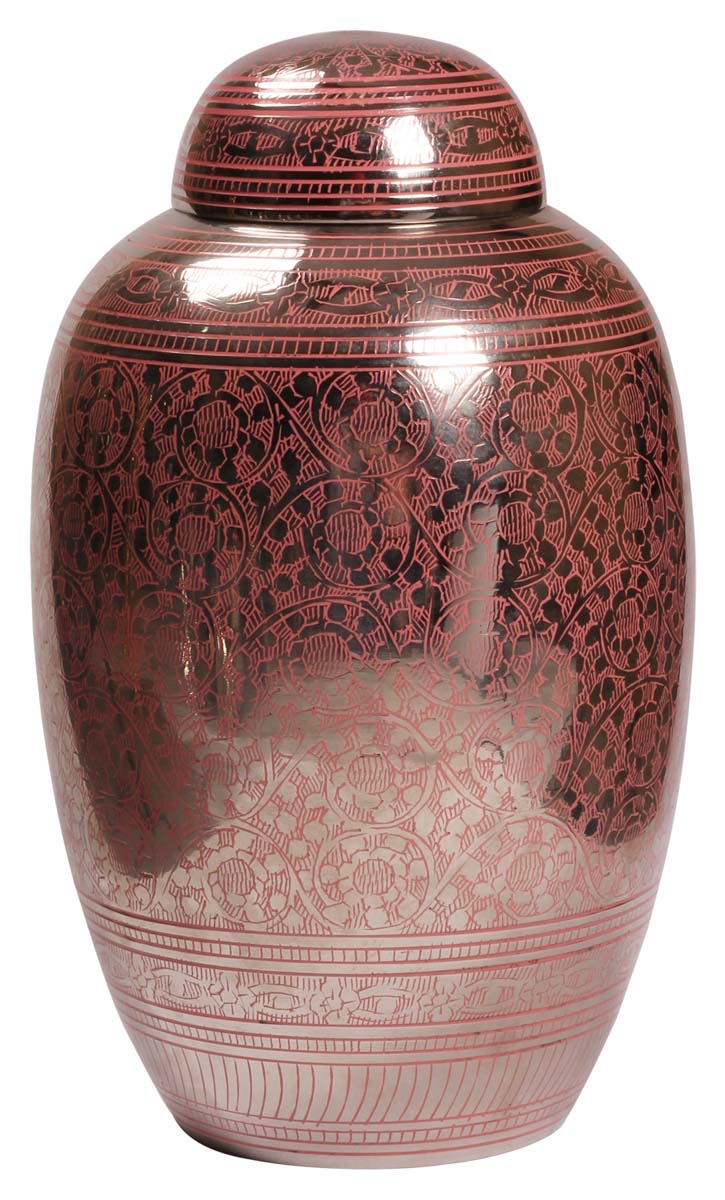 10” Brass Cremation Urn – Silver Tone with Pink Motifs – Solid Urns for Ashes at Wholesale